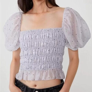 ZARA Polka Dot Organza Top Blouse Smocked Puff Sleeve